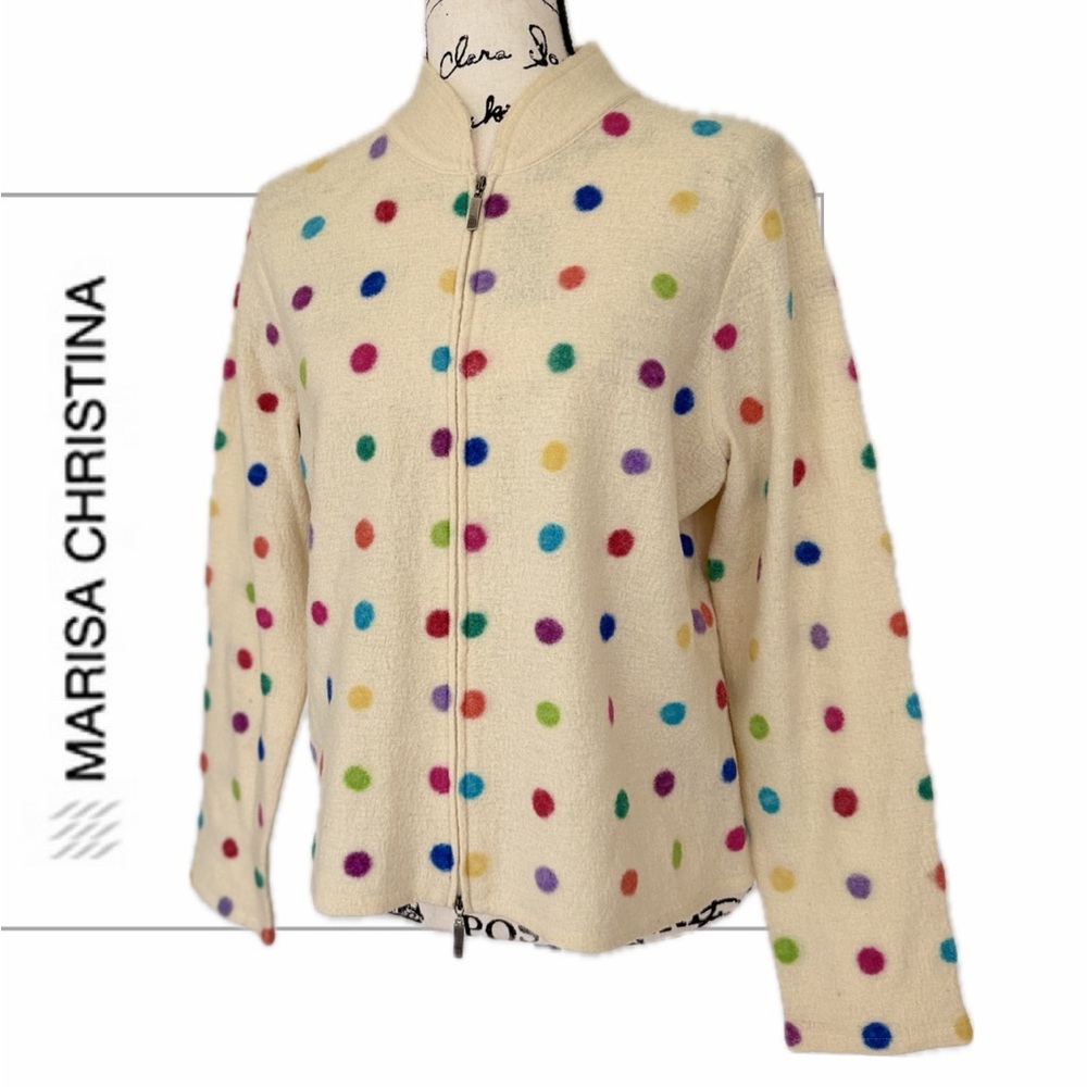 Marisa Christina Polka Dot Cardigan Cream Multicolor 100%Wool Full Zip Gypsy Y2K